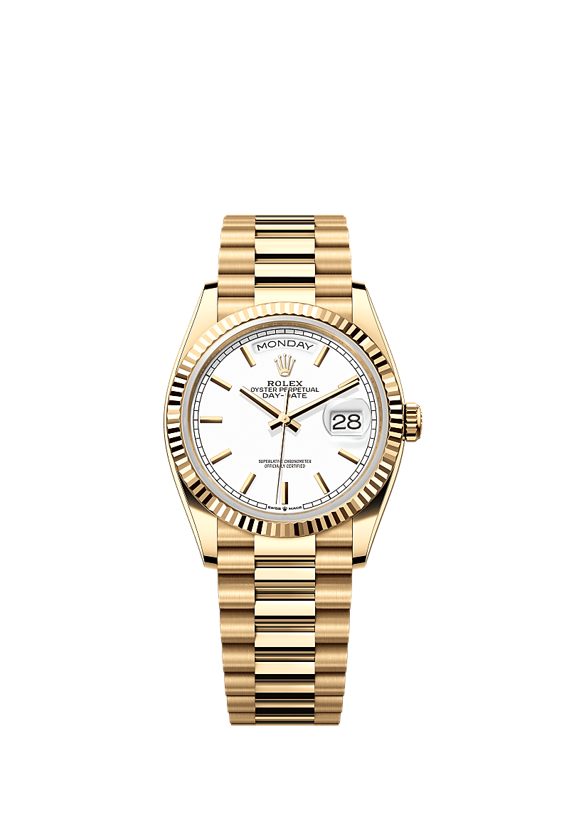 Rolex Day-Date 36 Yellow Gold / Fluted / White / President — Ref. 128238