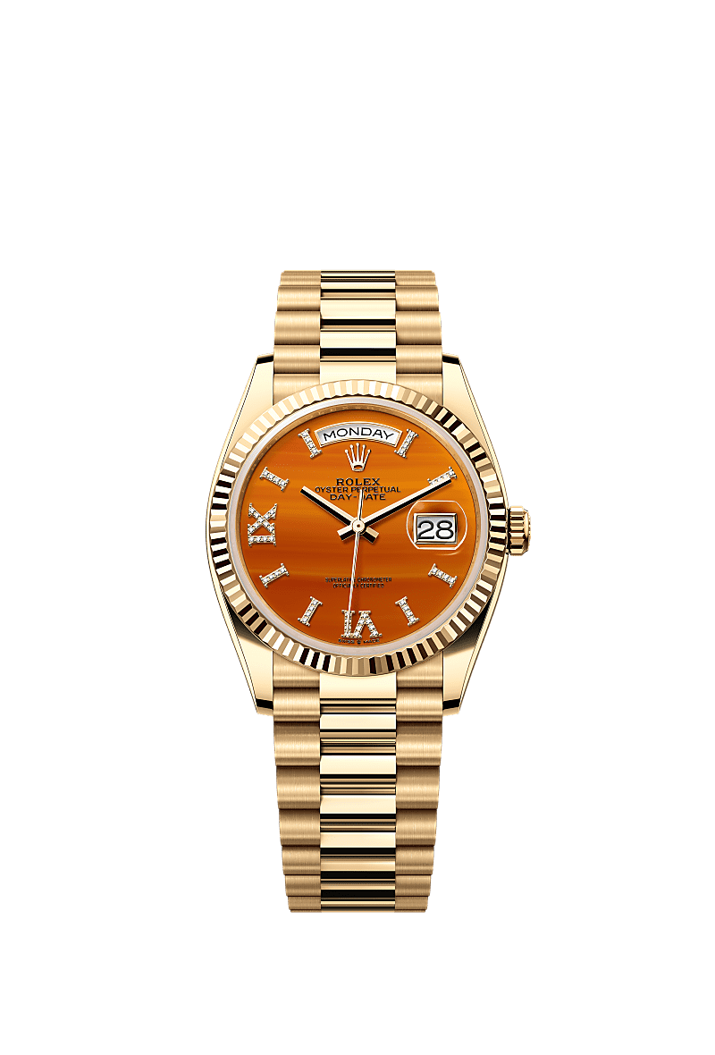 Rolex Day-Date 36 Yellow Gold - Fluted / Carnelian / President — Ref. 128238