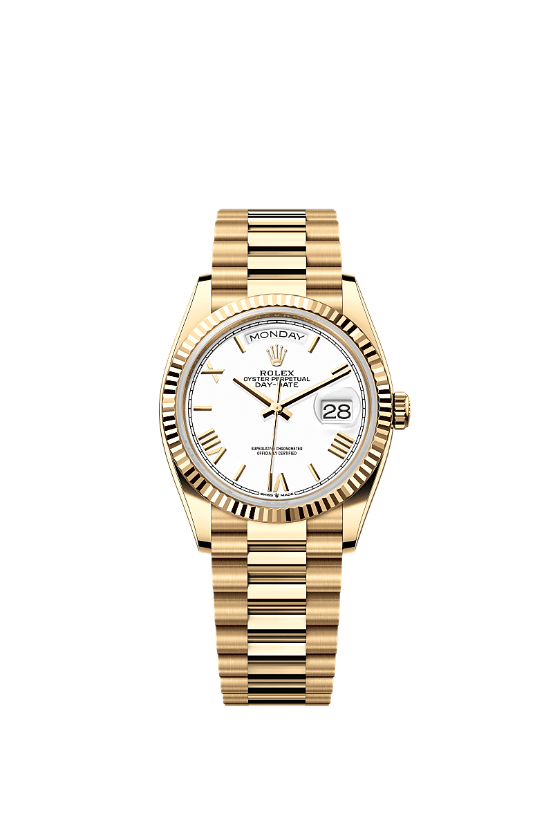 Rolex - Day-Date 36 Yellow Gold - Fluted / White - Roman / President — Ref. 128238