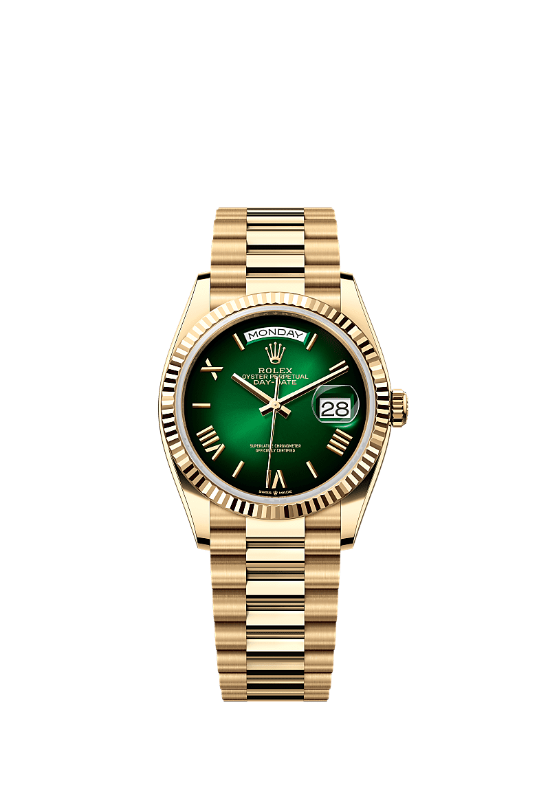 Rolex - Day-Date 36 Yellow Gold - Fluted / Green Ombr̩ - Roman / President — Ref. 128238