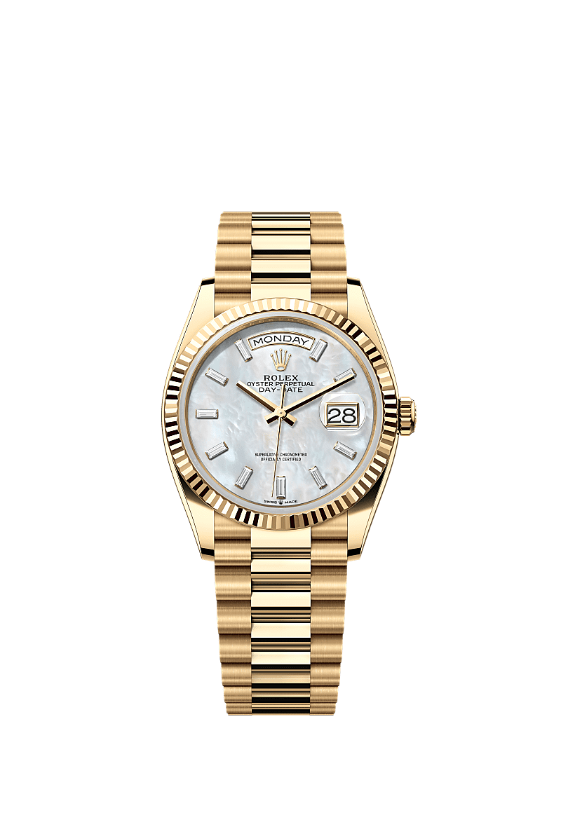Rolex - Day-Date 36 Yellow Gold / Fluted / MOP - Baguette / President — Ref. 128238
