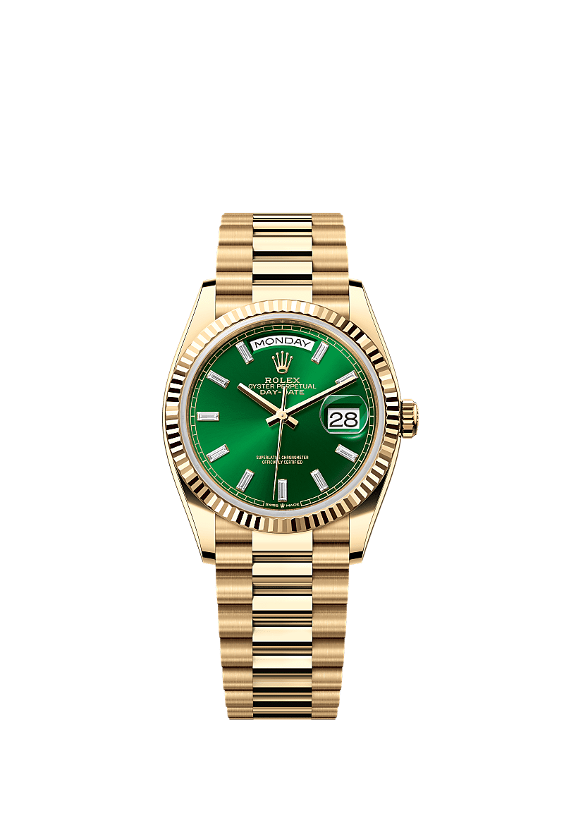 Rolex - Day-Date 36 Yellow Gold / Fluted / Bright Green - Baguette / President — Ref. 128238