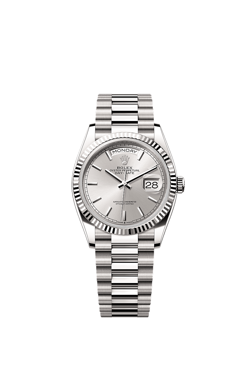 Rolex Day-Date 36 White Gold / Fluted / Silver / President — Ref. 128239