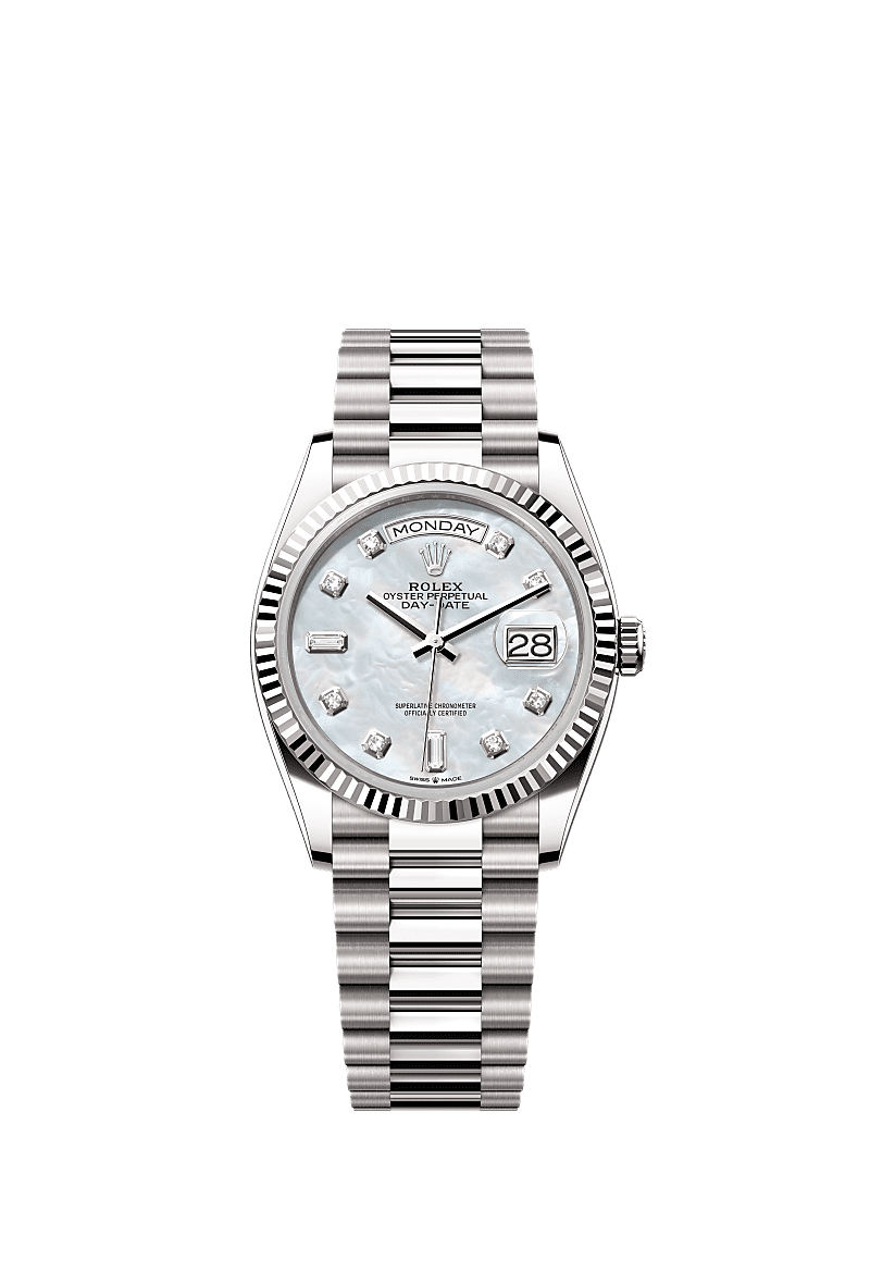 Rolex Day-Date 36 White Gold / Fluted / MOP-Diamond / President — Ref. 128239