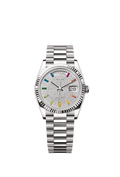 Rolex Day-Date 36 White Gold / Fluted / Paved-Rainbow / President — Ref. 128239