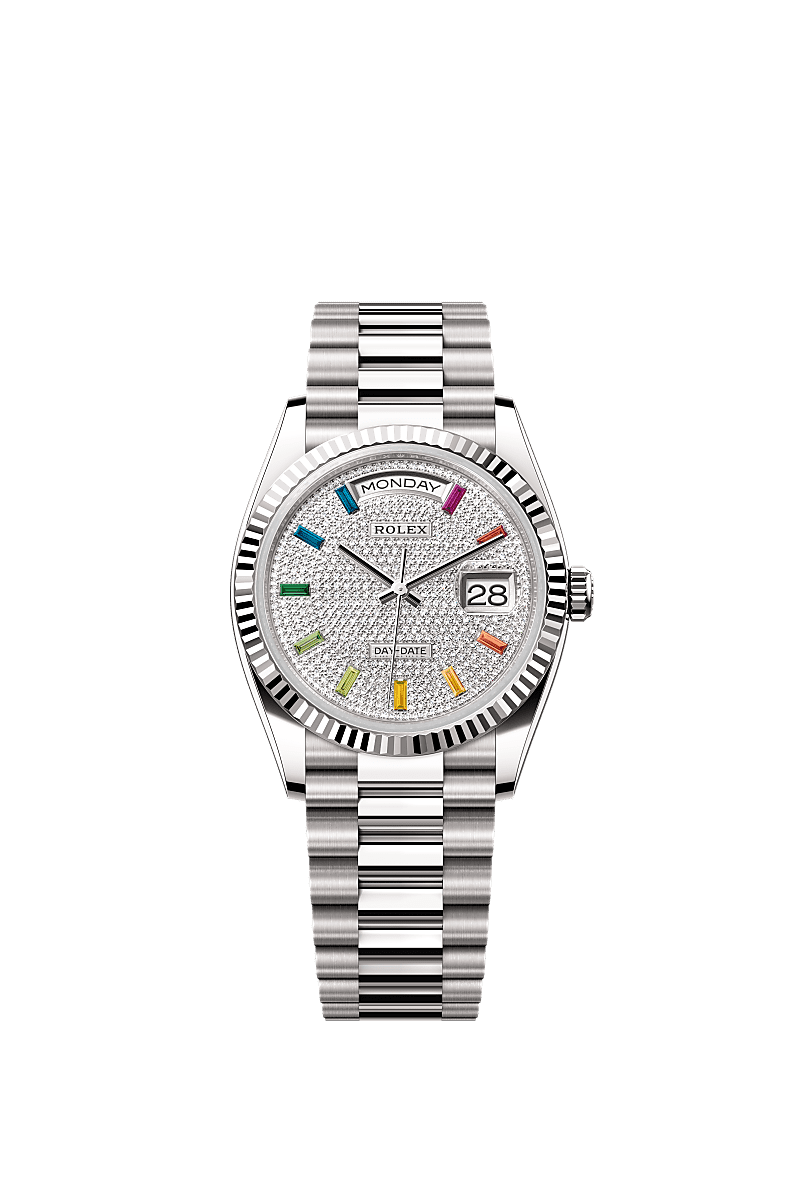 Rolex Day-Date 36 White Gold / Fluted / Paved-Rainbow / President — Ref. 128239