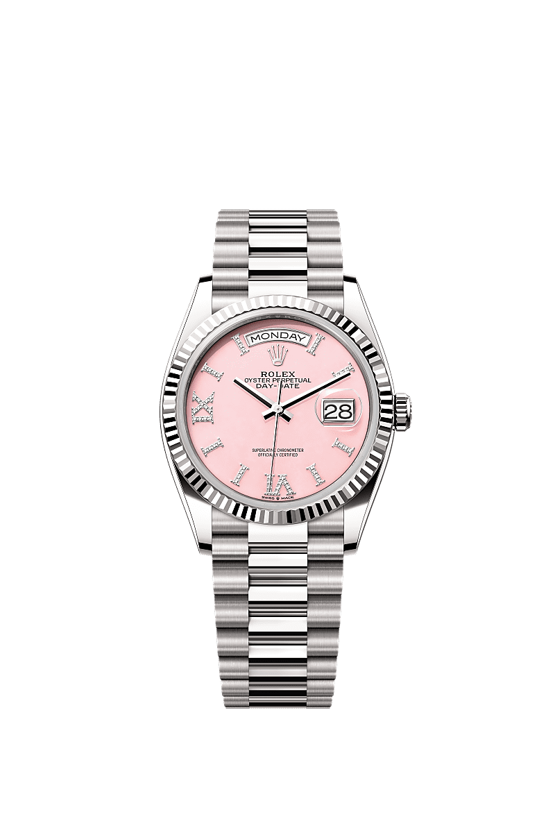 Rolex Day-Date 36 White Gold / Fluted / Opal-Diamond / President — Ref. 128239