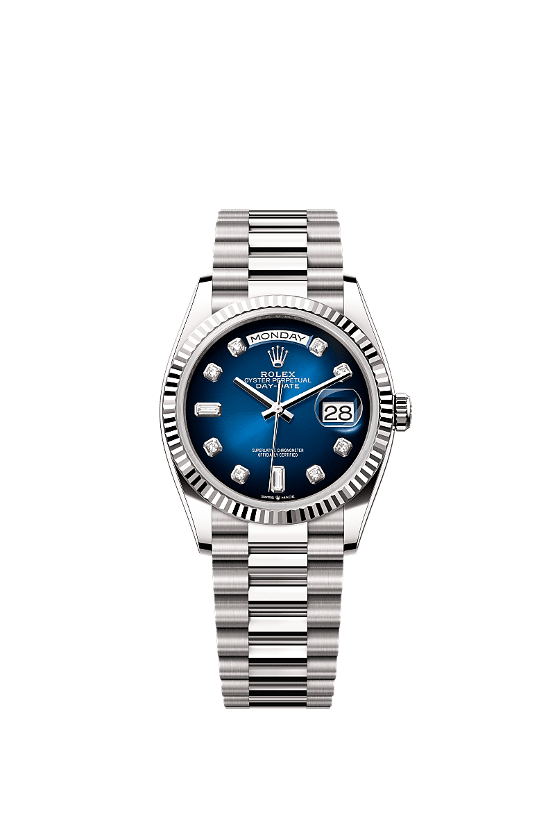 Rolex Day-Date 36 White Gold / Fluted / Blue Ombre-Diamond / President — Ref. 128239