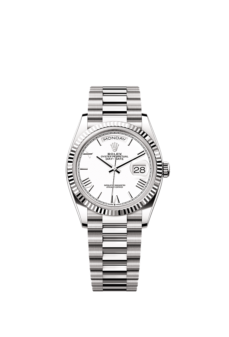 Rolex - Day-Date 36 White Gold - Fluted / White - Roman / President — Ref. 128239