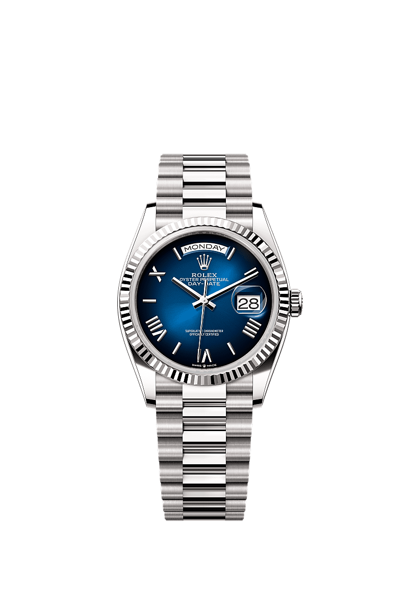 Rolex - Day-Date 36 White Gold - Fluted / Blue Ombr̩ - Roman / President — Ref. 128239