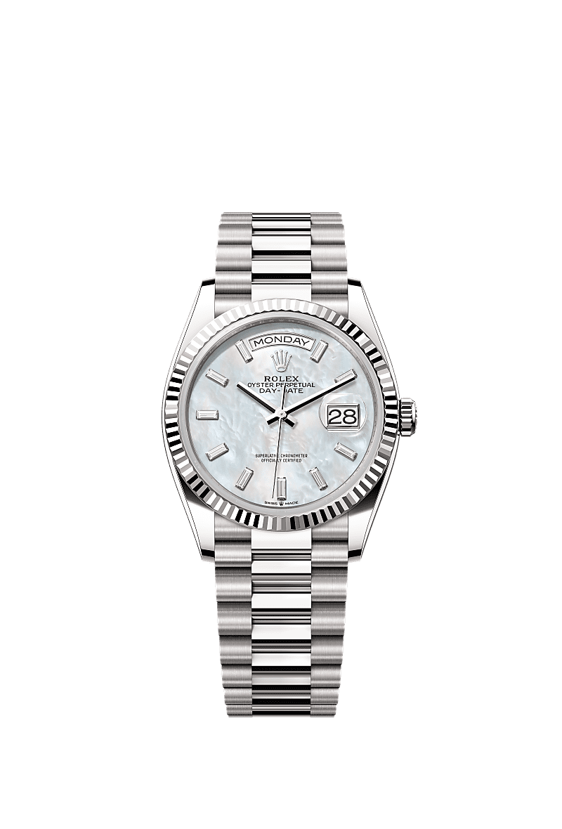 Rolex - Day-Date 36 White Gold - Fluted / MOP - Baguette / President — Ref. 128239