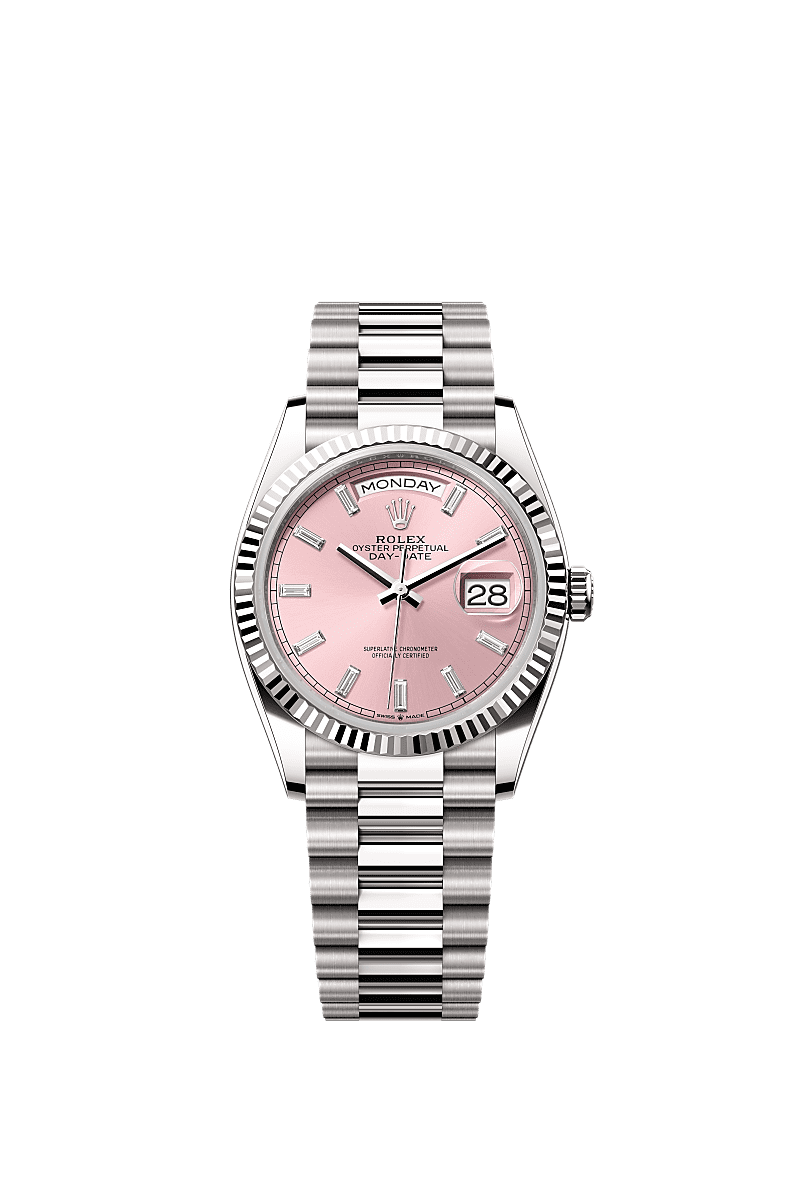 Rolex - Day-Date 36 White Gold - Fluted / Pink - Baguette / President — Ref. 128239