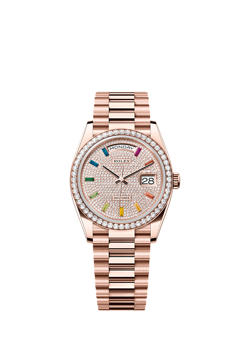 Rolex Day-Date 36 Everose Gold / Diamond / Paved-Rainbow / President — Ref. 128345RBR