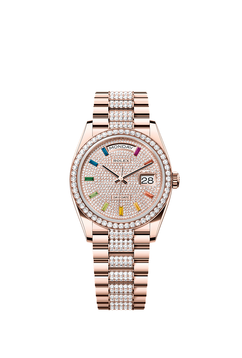 Rolex Day-Date 36 Everose Gold / Diamond / Paved-Rainbow / President-Diamond — Ref. 128345RBR