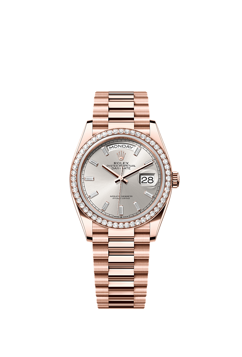 Rolex - Day-Date 36 Everose Gold - Diamond / Silver - Baguette / President — Ref. 128345RBR