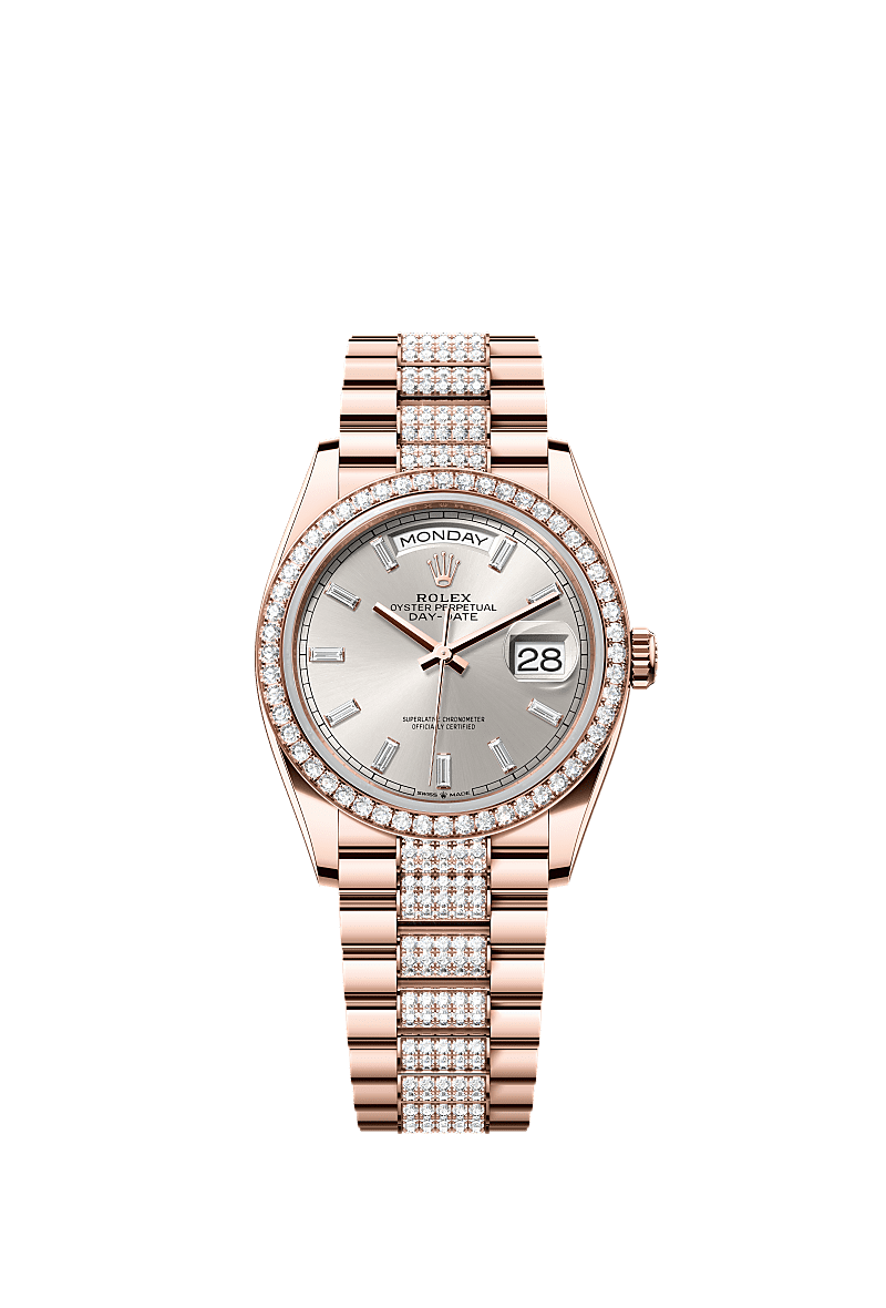 Rolex - Day-Date 36 Everose Gold - Diamond / Silver - Baguette / President - Diamond — Ref. 128345RBR