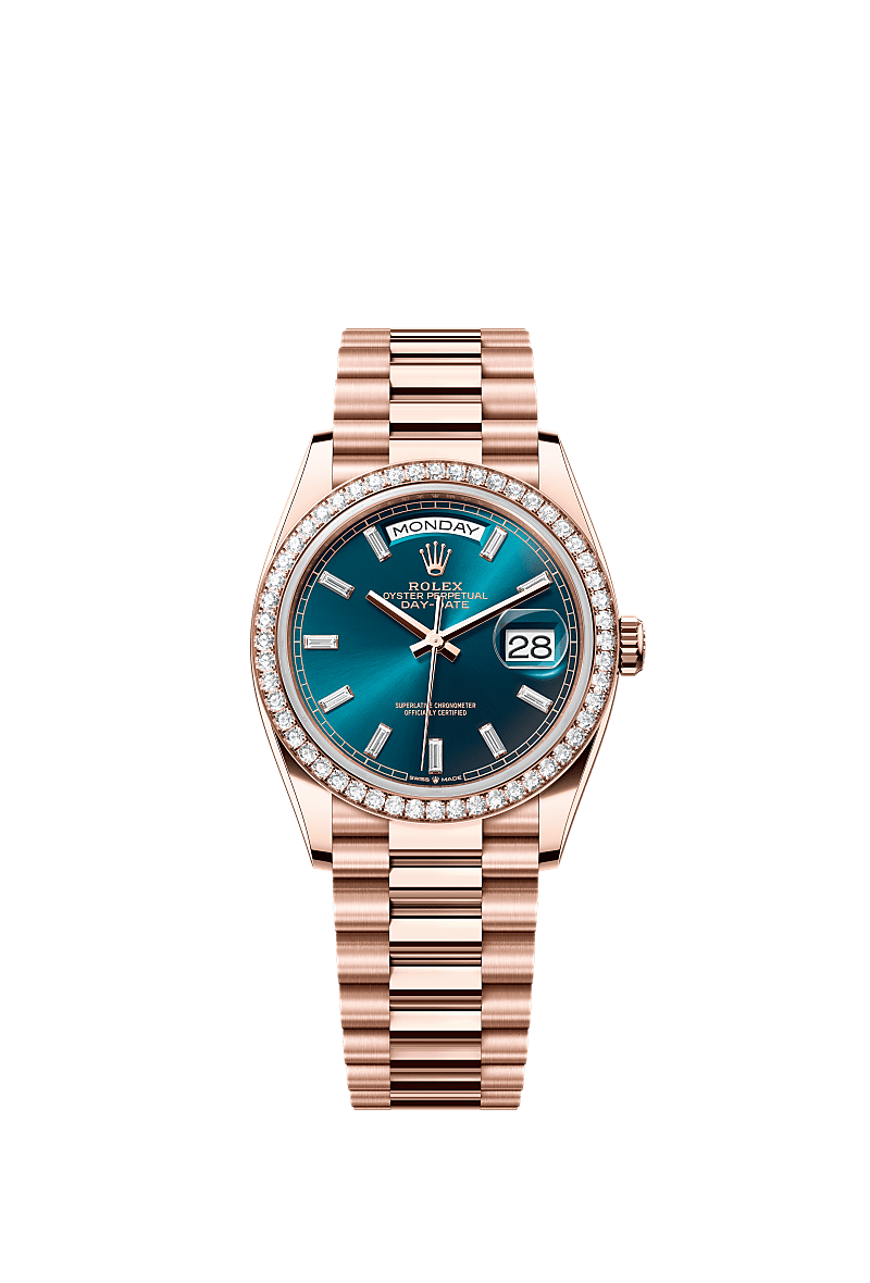 Rolex - Day-Date 36 Everose Gold - Diamond / Blue-Green - Baguette / President — Ref. 128345RBR