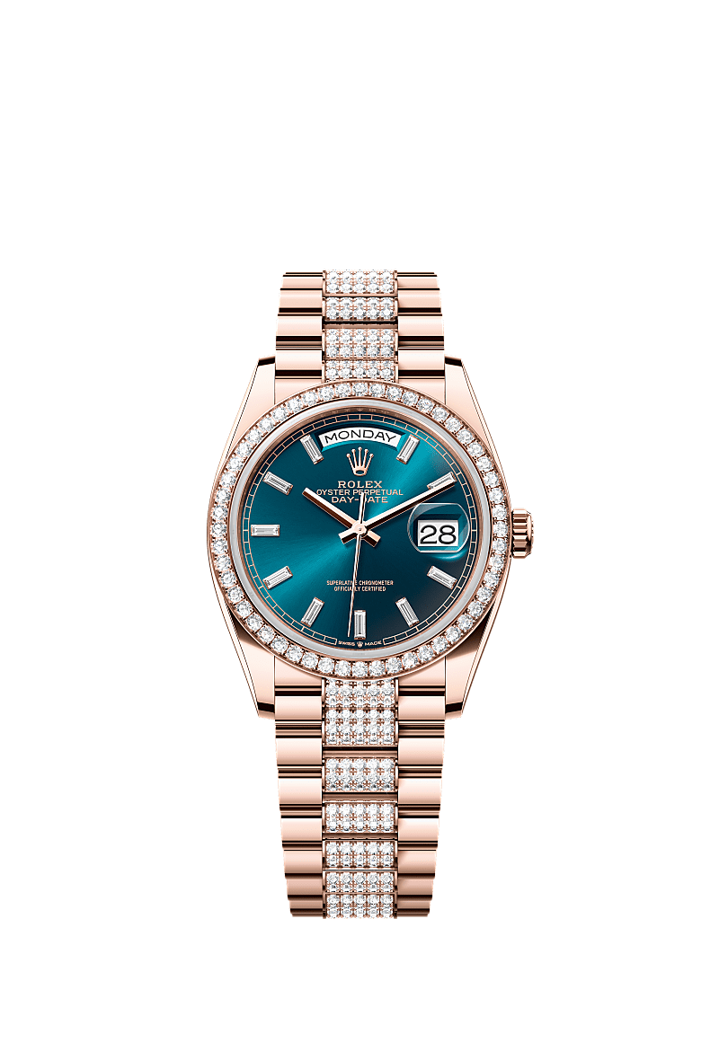 Rolex - Day-Date 36 Everose Gold - Diamond / Blue-Green - Baguette / President - Diamond — Ref. 128345RBR