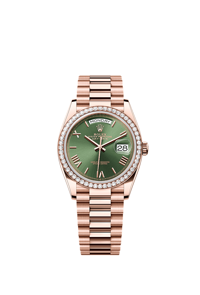 Rolex - Day-Date 36 Everose Gold Diamond / Green Roman / President — Ref. 128345RBR
