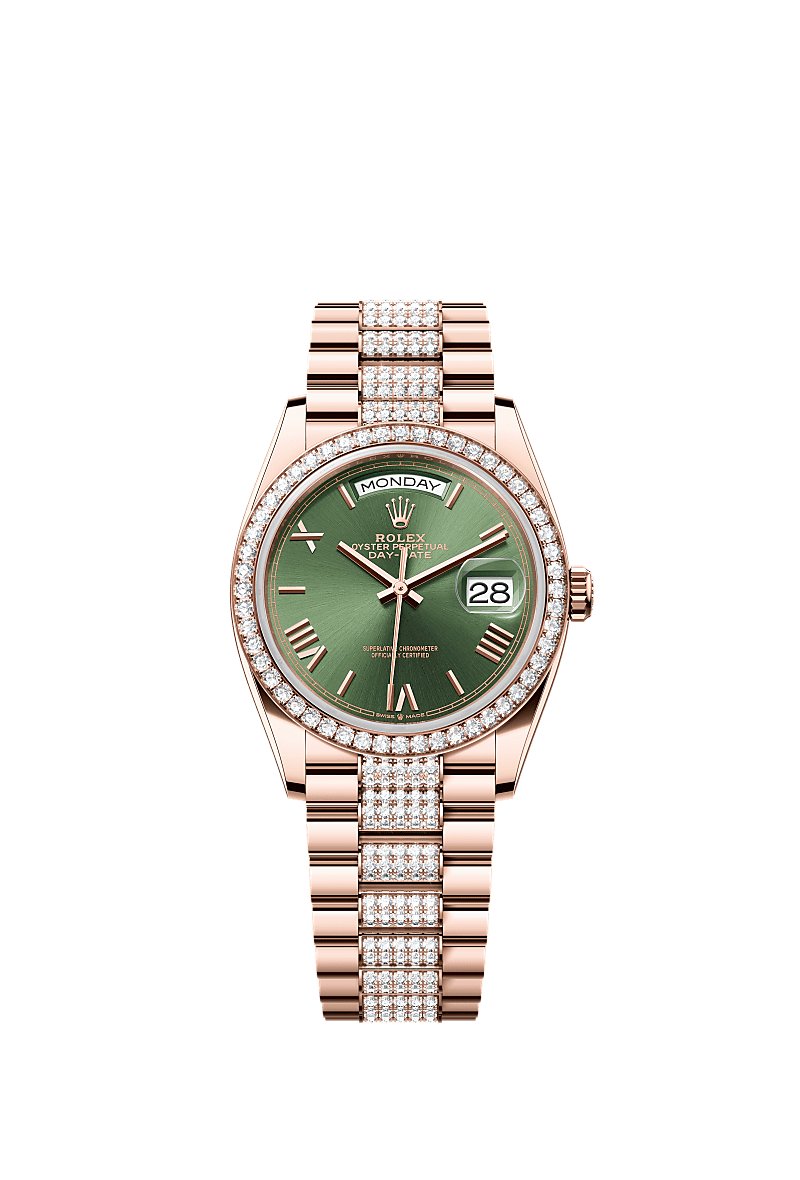 Rolex - Day-Date 36 Everose Gold Diamond / Green Roman / President Diamond — Ref. 128345RBR