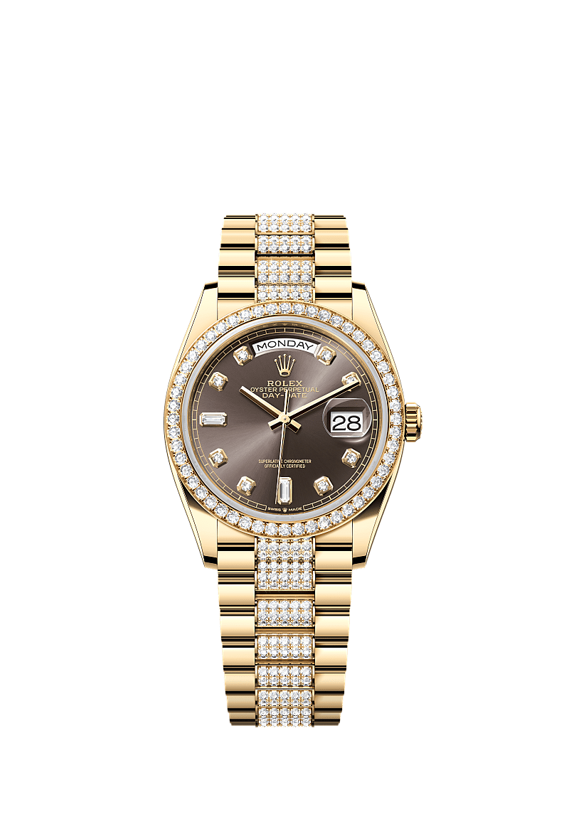 Rolex Day-Date 36 Yellow Gold / Diamond / Dark Grey-Diamond / President-Diamond — Ref. 128348RBR