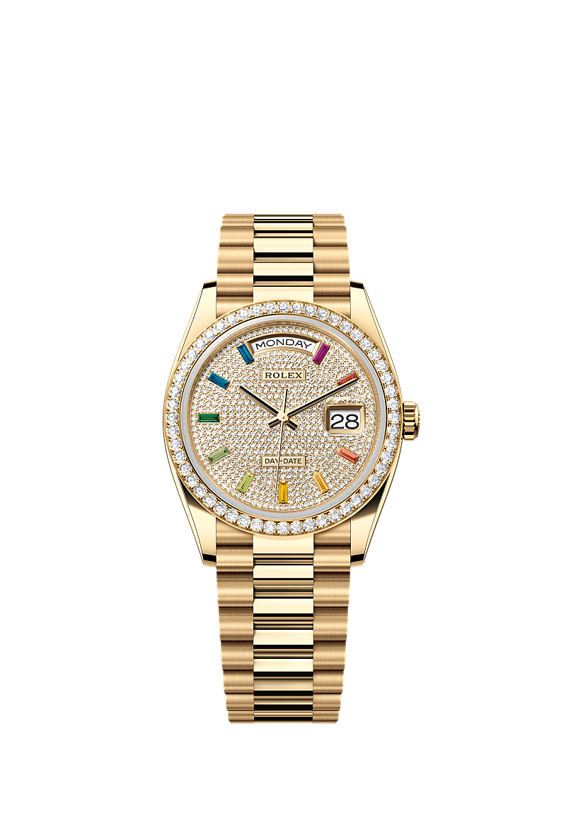Rolex Day-Date 36 Yellow Gold / Diamond / Paved-Rainbow / President — Ref. 128348RBR