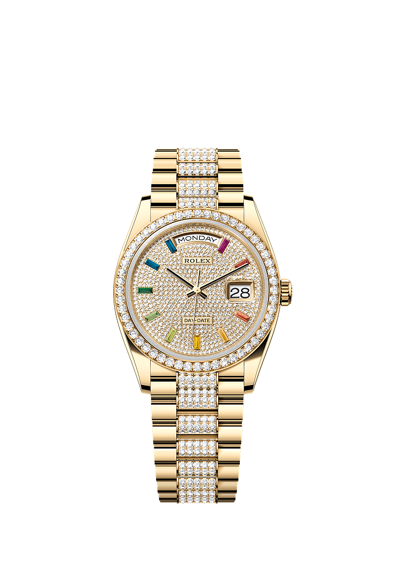 Rolex Day-Date 36 Yellow Gold / Diamond / Paved-Rainbow / President-Diamond — Ref. 128348RBR