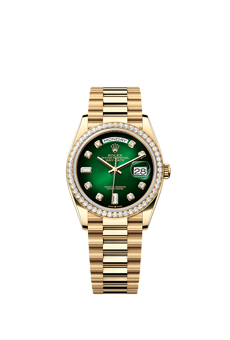 Rolex Day-Date 36 Yellow Gold / Diamond / Green Ombre-Diamond / President — Ref. 128348RBR