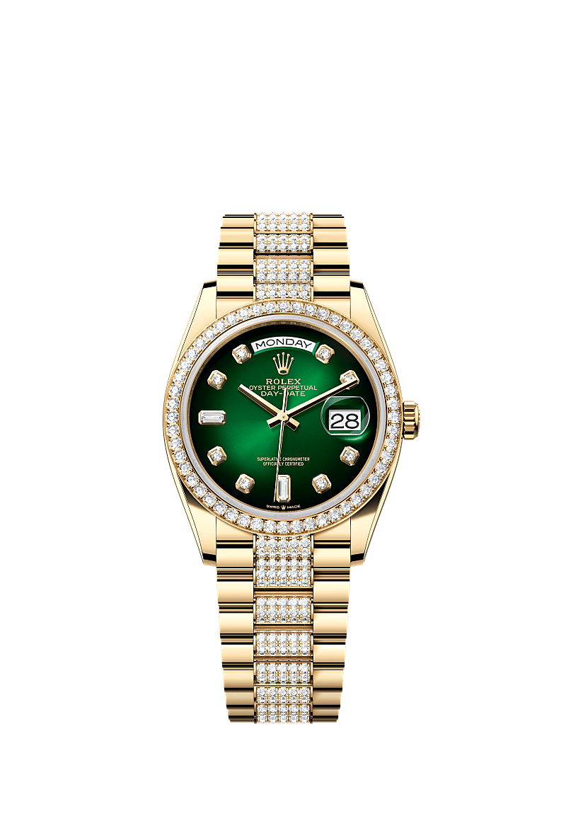 Rolex Day-Date 36 Yellow Gold / Diamond / Green Ombre-Diamond / President-Diamond — Ref. 128348RBR