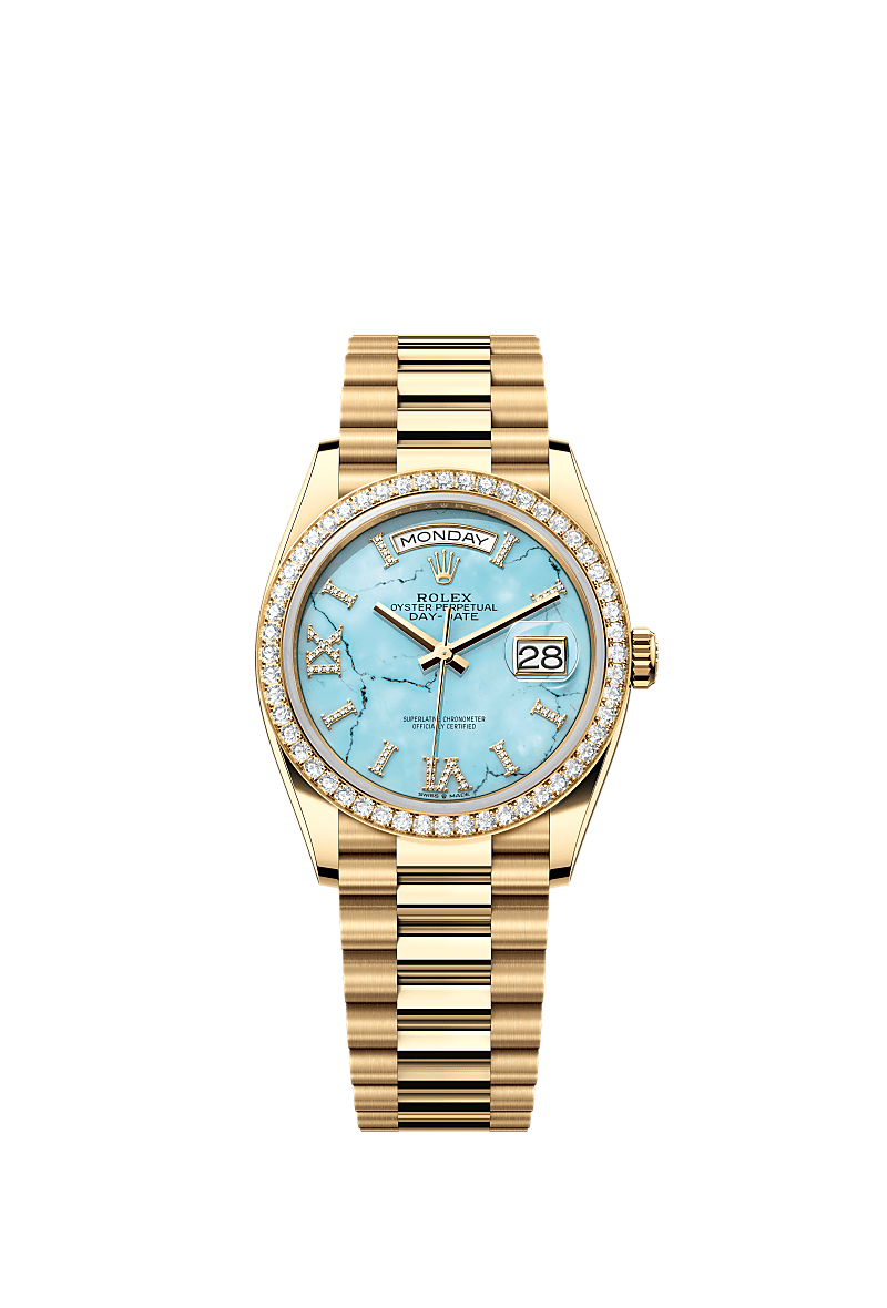 Rolex Day-Date 36 Yellow Gold / Diamond / Turquoise / President — Ref. 128348RBR