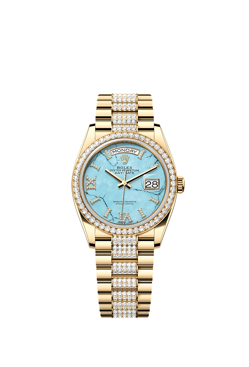 Rolex Day-Date 36 Yellow Gold / Diamond / Turquoise / President-Diamond — Ref. 128348RBR