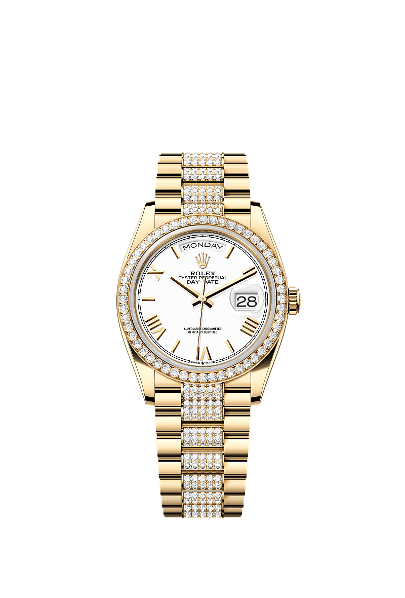 Rolex - ay-Date 36 Yellow Gold - Diamond / White - Roman / President - Diamond — Ref. 128348RBR