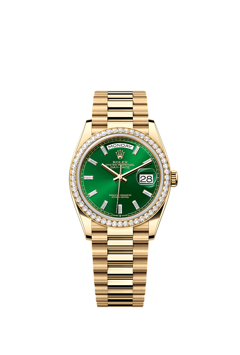 Rolex - Day-Date 36 Yellow Gold - Diamond / Bright Green - Baguette / President — Ref. 128348RBR