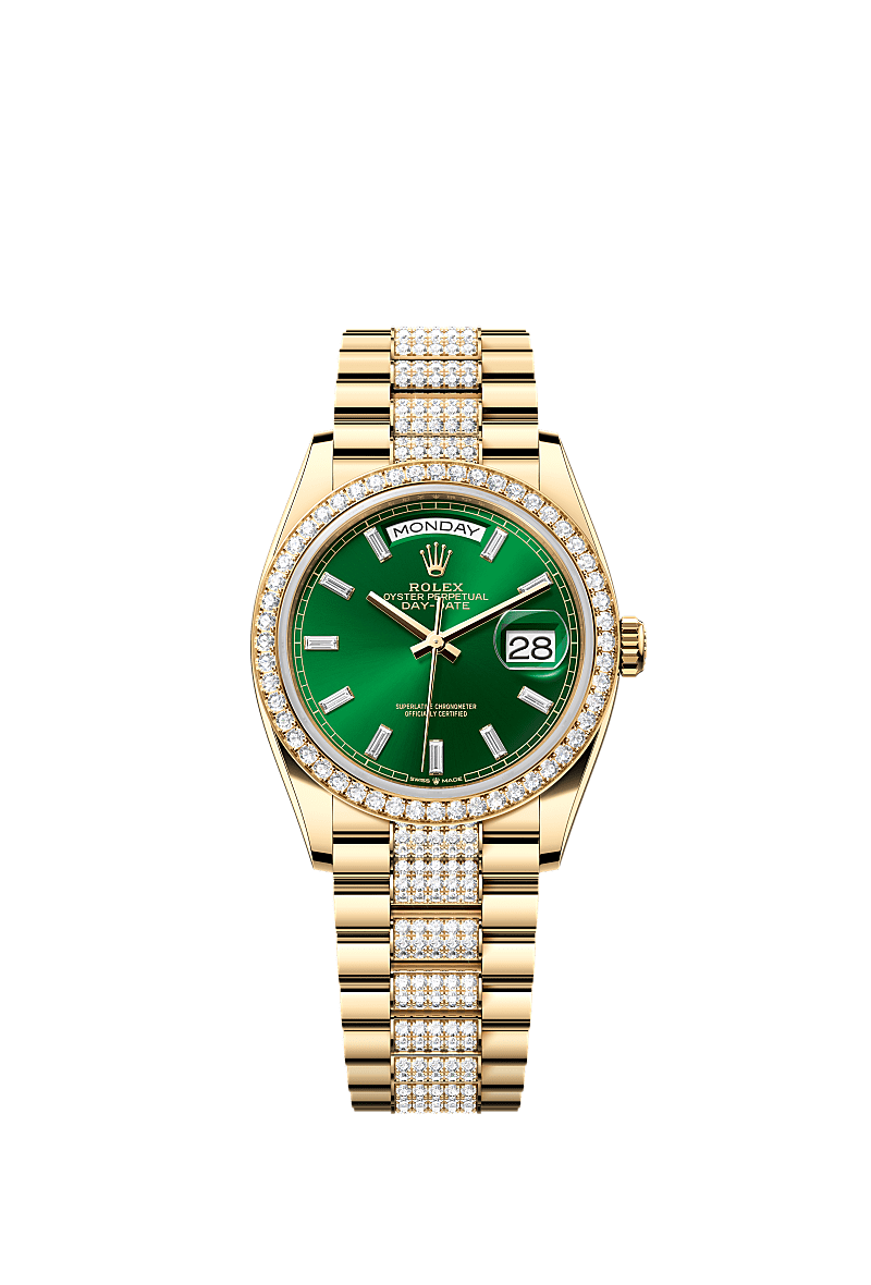 Rolex - Day-Date 36 Yellow Gold - Diamond / Bright Green - Baguette / President - Diamond — Ref. 128348RBR