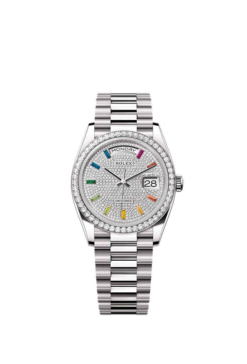 Rolex Day-Date 36 White Gold / Diamond / Paved-Rainbow / President — Ref. 128349RBR