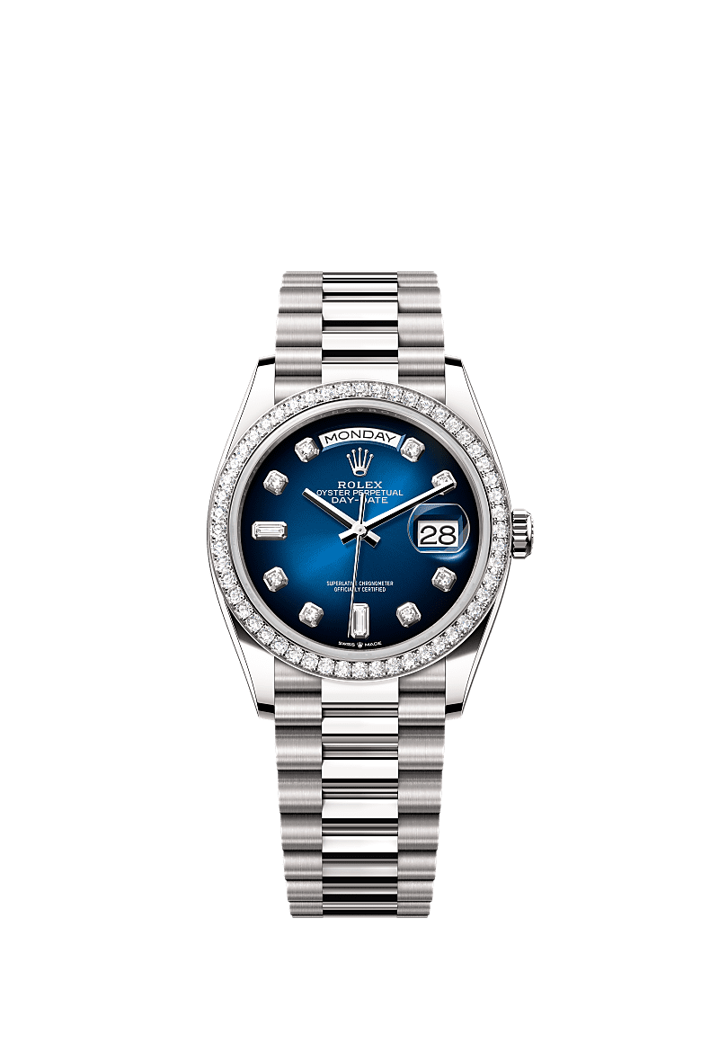 Rolex Day-Date 36 White Gold / Diamond / Blue Ombr̩-Diamond / President — Ref. 128349RBR