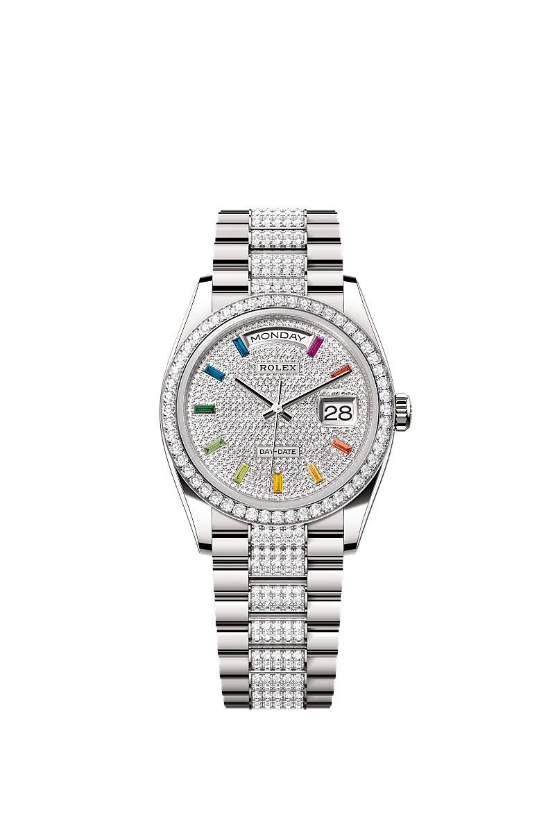 Rolex Day-Date 36 White Gold / Diamond / Paved-Rainbow / President-Diamond — Ref. 128349RBR