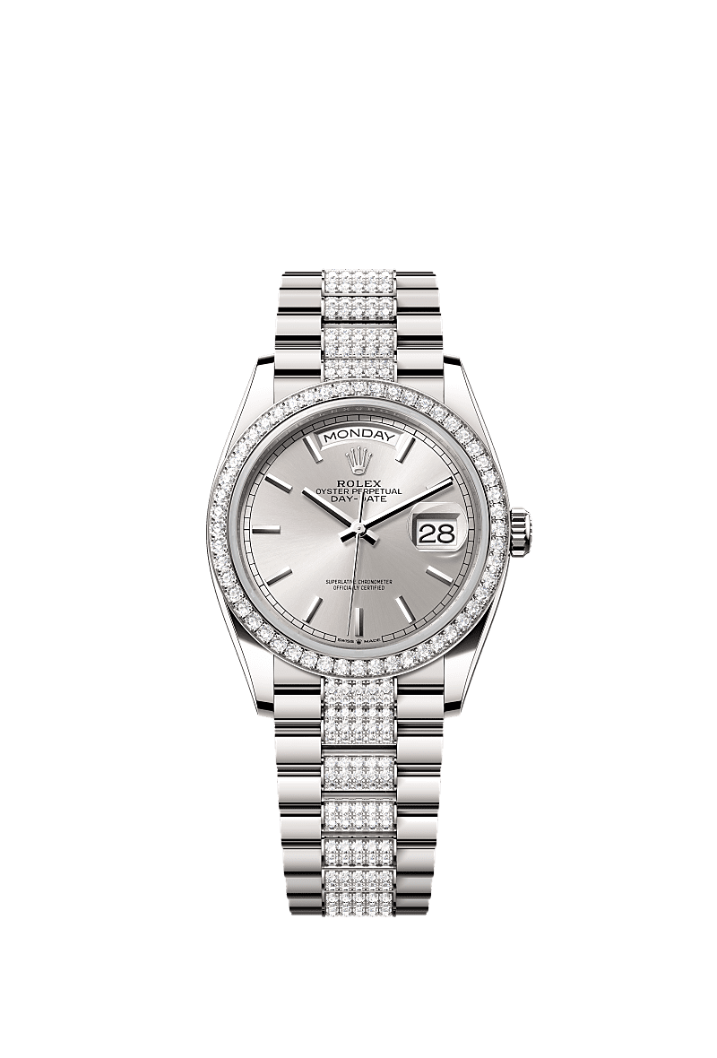 Rolex Day-Date 36 White Gold / Diamond / Silver / President-Diamond — Ref. 128349RBR