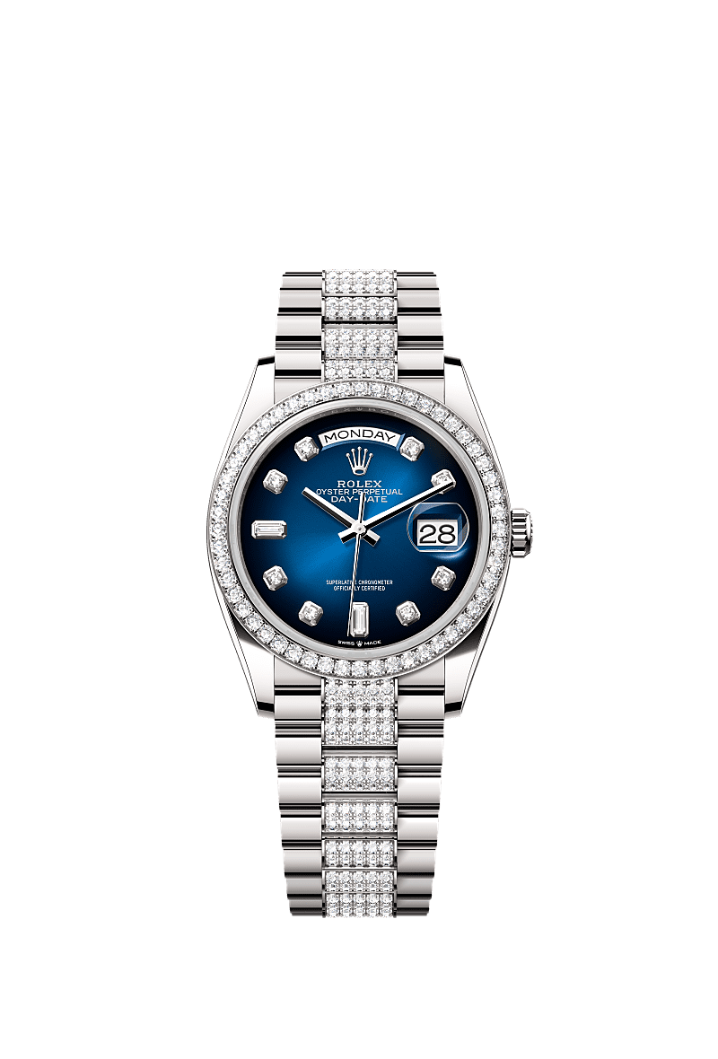 Rolex Day-Date 36 White Gold / Diamond / Blue Ombre-Diamond / President-Diamond — Ref. 128349RBR