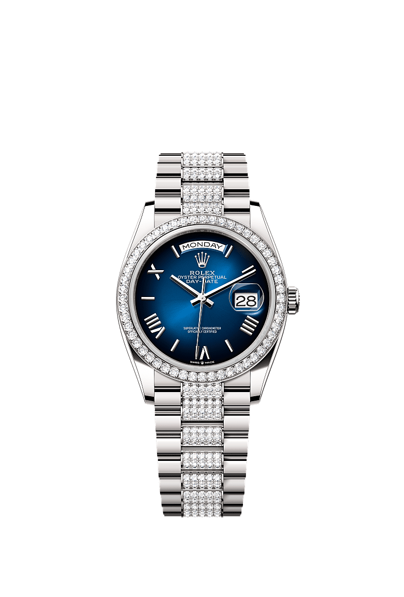 Rolex - Day-Date 36 White Gold - Baguette / Blue Ombr̩ - Diamond / President - Diamond — Ref. 128349RBR