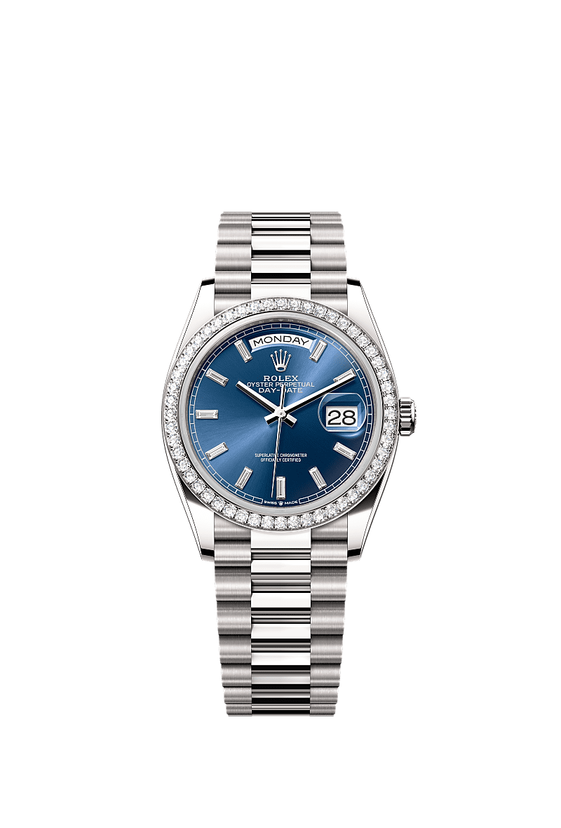 Rolex - Day-Date 36 White Gold - Diamond / Bright Blue - Baguette / President — Ref. 128349RBR