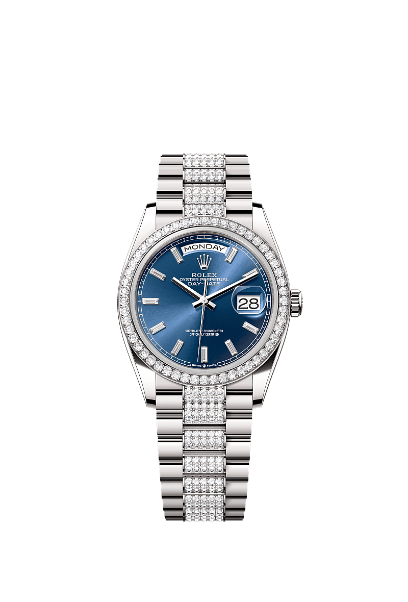 Rolex - Day-Date 36 White Gold - Diamond / Bright Blue - Baguette / President - Diamond — Ref. 128349RBR