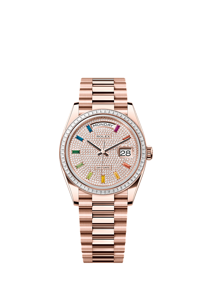Rolex - Day-Date 36 Everose Gold - Baguette / Paved - Rainbow / President — Ref. 128395TBR