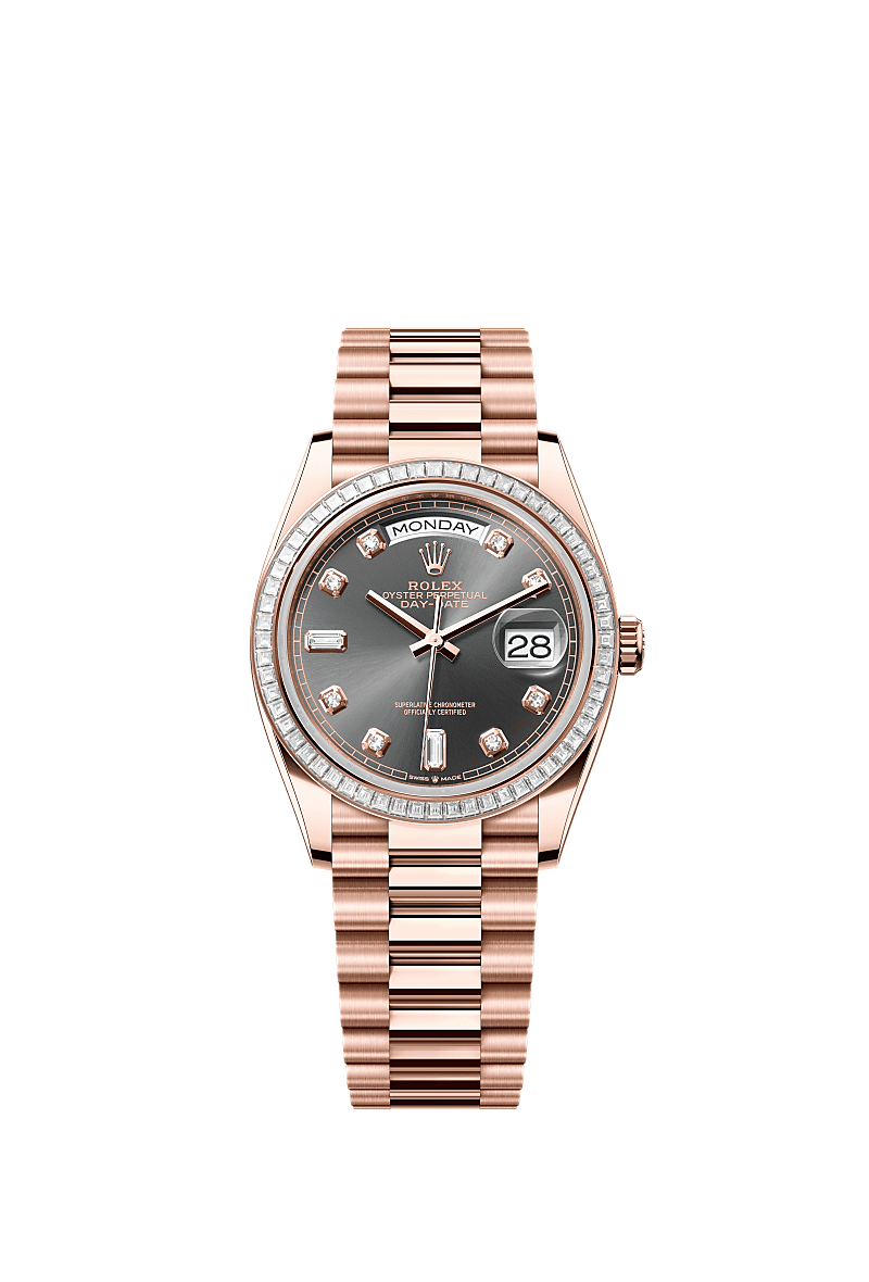 Rolex - Day-Date 36 Everose Gold - Baguette / Slate - Diamond / President — Ref. 128395TBR