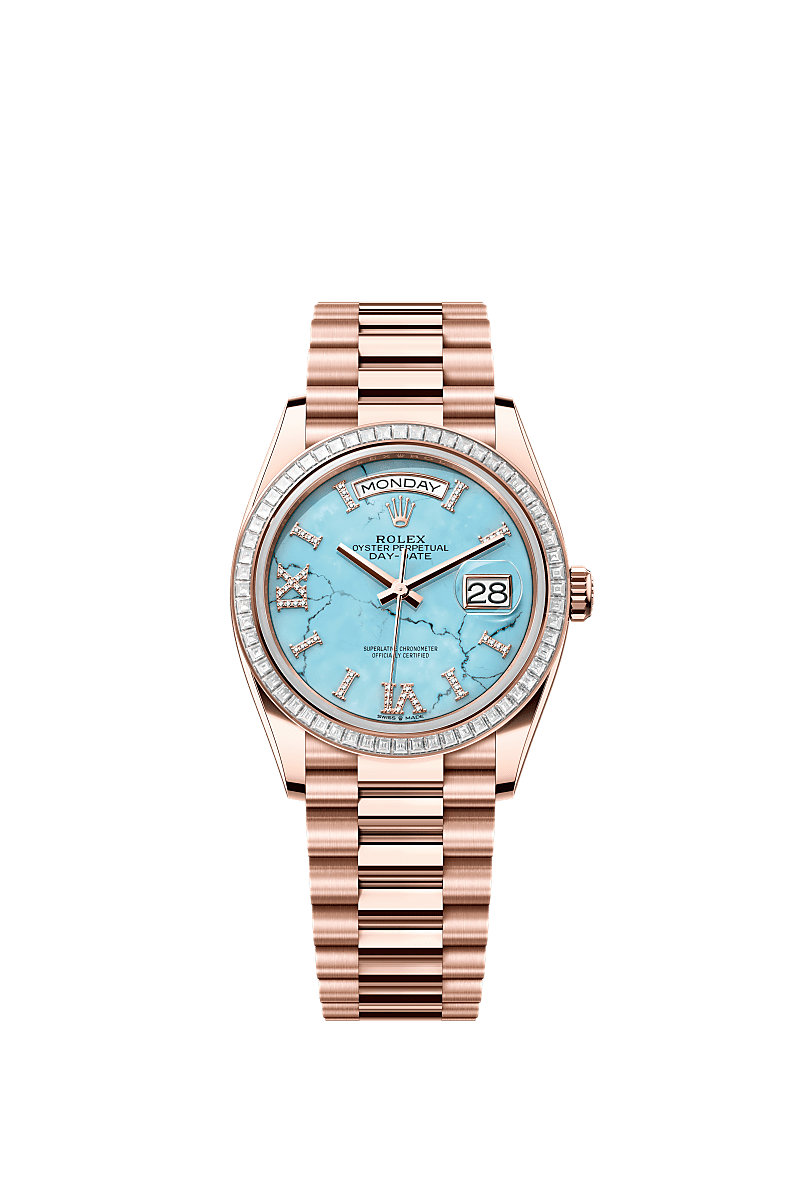 Rolex - Day-Date 36 Everose Gold - Baguette / Turquoise / President - Diamond — Ref. 128395TBR
