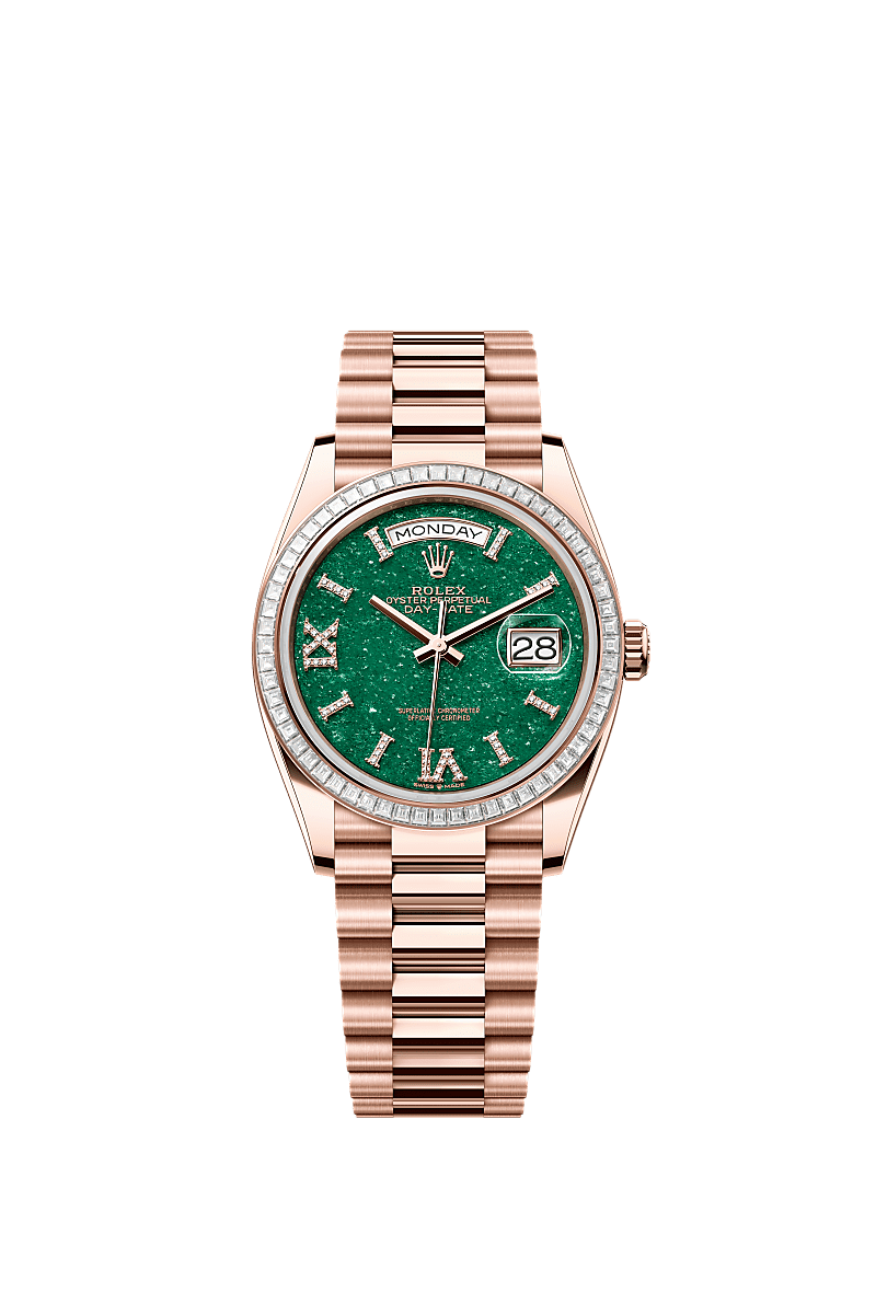 Rolex - Day-Date 36 Everose Gold - Baguette / Green Aventurine / President - Diamond — Ref. 128395TBR