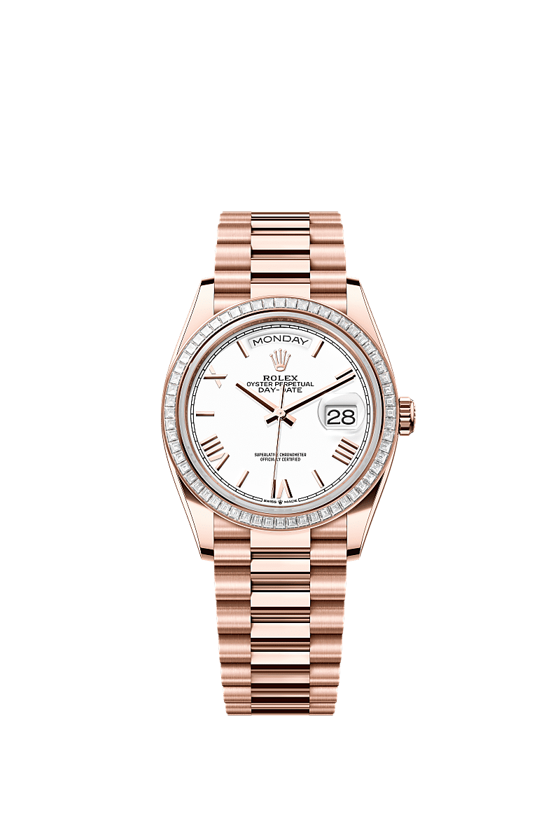 Rolex - Day-Date 36 Everose Gold - Baguette / White - Roman / President — Ref. 128395TBR