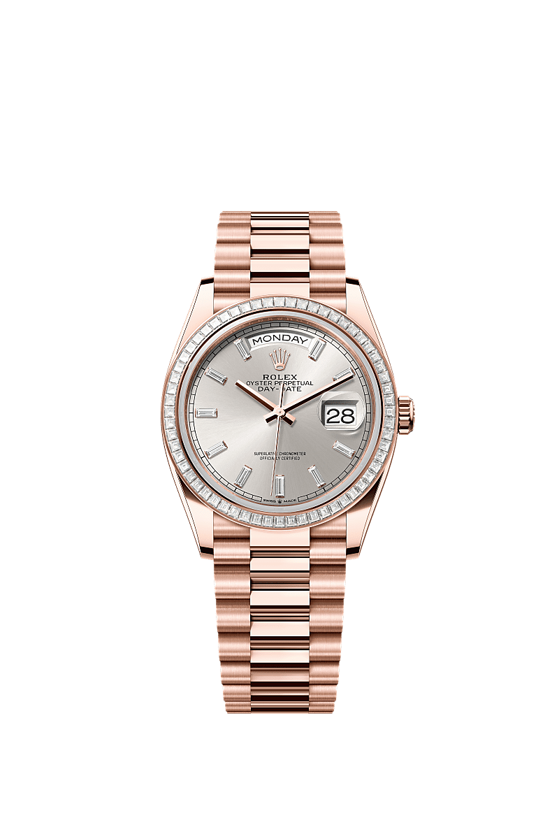 Rolex - Day-Date 36 Everose Gold - Baguette / Silver - Baguette / President — Ref. 128395TBR