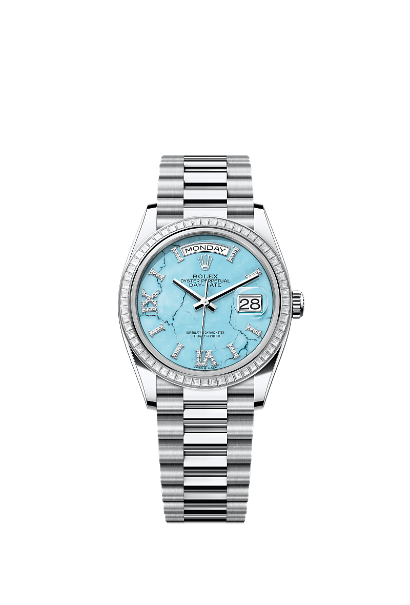 Rolex Day-Date 36 Platinum - Baguette / Turquoise / President — Ref. 128396TBR