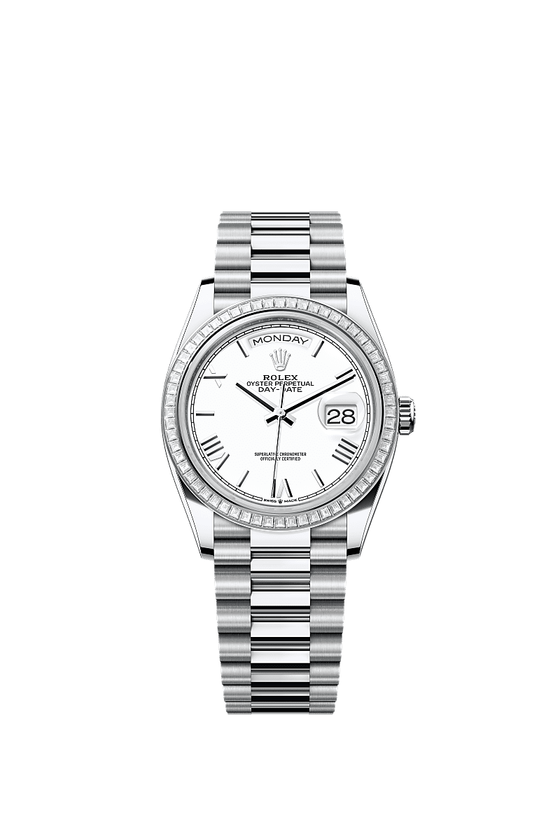 Rolex - Day-Date 36 Platinum - Baguette / White - Roman / President — Ref. 128396TBR